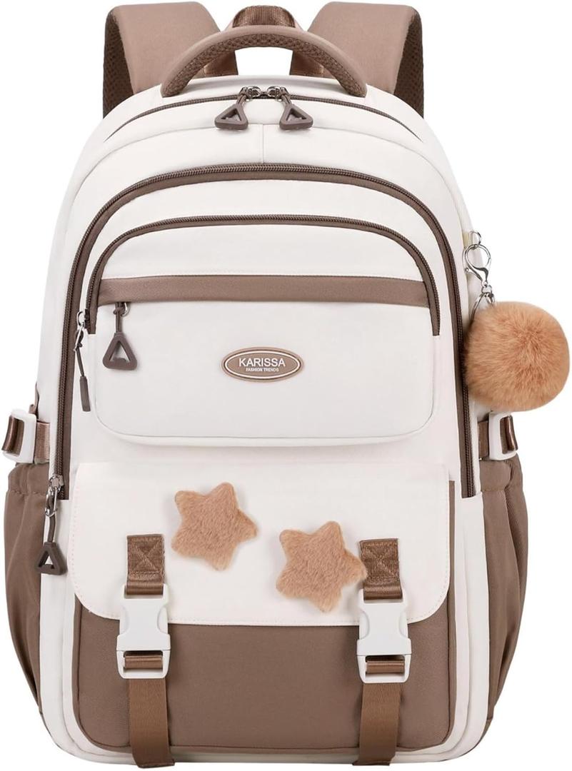 Kids Backpack for Girls, School Bags Bookbag for Girls Elmentary Middle School, with Furry Pendant, A08-Coffee