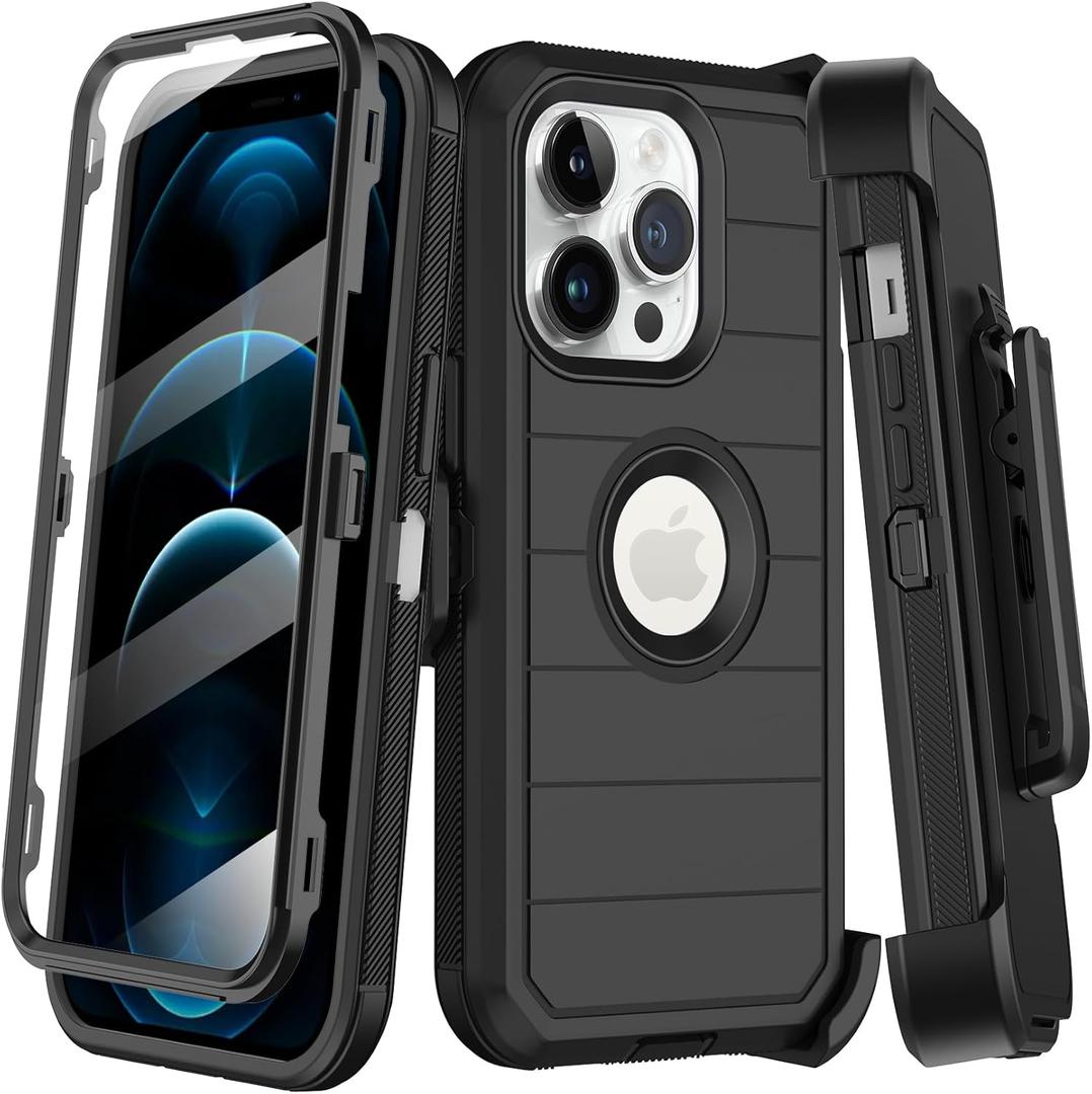 for iPhone 12 Pro Max Case with Built-in Screen Protector,Belt Clip Holster,Heavy Duty Shockproof Drop Protection Military Grade Full Body Rugged Phone Cover with Kickstand (Black)