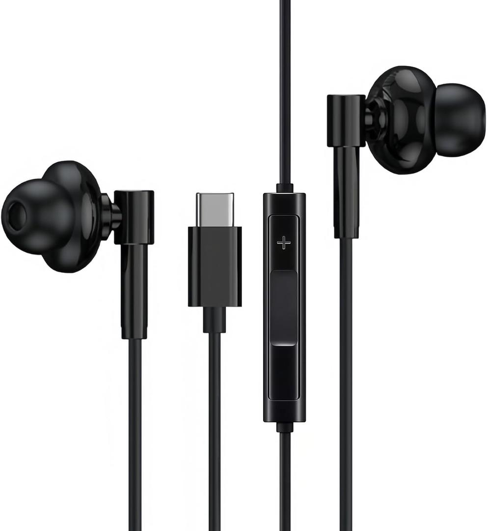 2 x USB-C Wired Earphones with Microphone, Noise Canceling, Volume Control, Compatible with Galaxy S25 S24 S23 S22, iPhone 16 15, Pixel Phones