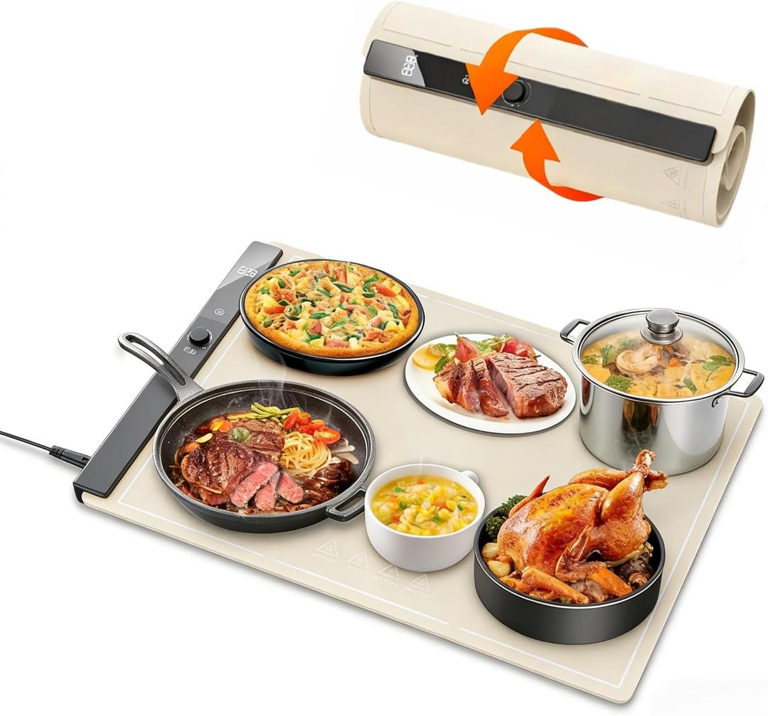 Food Warming Mat 24"x16", Electric Warming Tray with 6 Level Adjustable Temperature, Heating Fastly in 10s, Timed Function & Kids Lock, Portable Roll-Up Mat for Family Gatherings, Buffets and Parties (White)