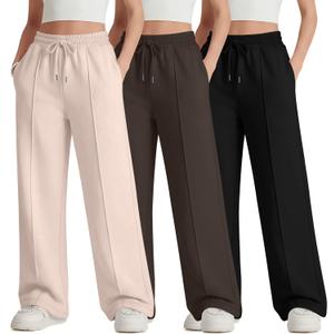 3 Pack Girls Wide Leg Sweatpants Drawstring Baggy Pants Teen Girls Athletic Joggers Pants with Pockets 5-14Y (9-10 Years, Light Apricot, Brown, Black)