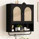 RUSTOWN Rattan Bathroom Wall Cabinet, Boho Medicine Cabinet with 2 Arched Doors, Farmhouse Over The Toilet Storage Cabinets with Adjustable Shelves & Towel Bar, 23.6"w X 7.9"d X 26.8"h