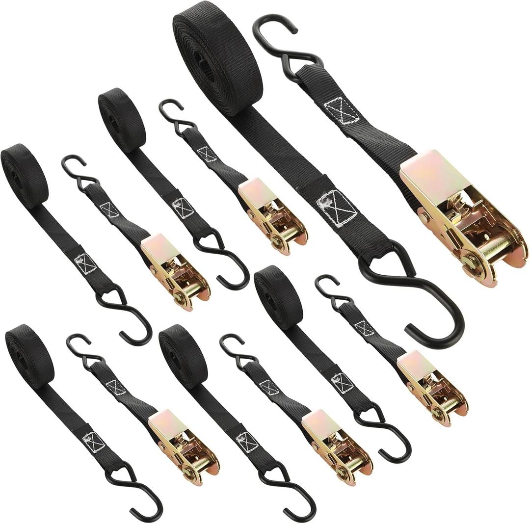 6 Pcs 1 Inch Ratchet Straps Heavy Duty 20ft Tie Down Strap Ratchet with Hooks, 2200 LBS Break Strength, Black Cargo Ratchet Straps for Motorcycle Straps Tie Downs, Appliances, Equipment
