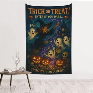 Halloween Tapestry Wall Hanging 60x40in, Trick or Treat Witch Ghost Pumpkin Decor, Cute Spooky Haunted House Party Backdrop, Cartoon Halloween Decorations for Bedroom Living Room Dorm (Hooks Included) (Crime Scene)