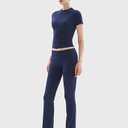 PUMIEY Women's 2 Piece Lounge Sets Short Sleeve Tops Fold-Over Flare Pants Casual Outfits Matching Set Nap Collection XS