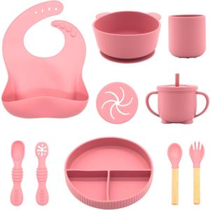 Silicone Baby Feeding Set 10 Pcs, Baby Led Weaning Supplies, Baby Feeding Supplies Set BPA Free, Baby Essentials for Newborn Gift Pink