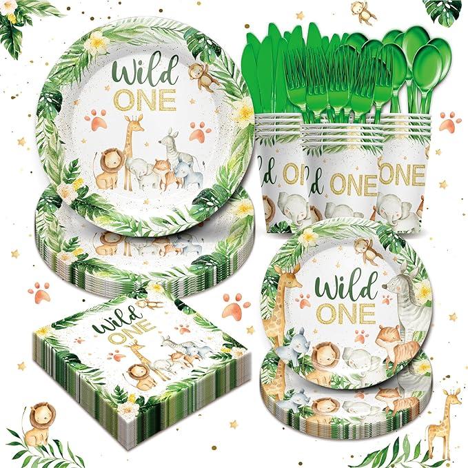 Wild One Birthday Party Supplies Tableware Set - Safari Birthday Decorations Include Plates, Napkins, Cups, Cutlery, Animal Jungle Theme Wild One Party Supplies | Serves 24