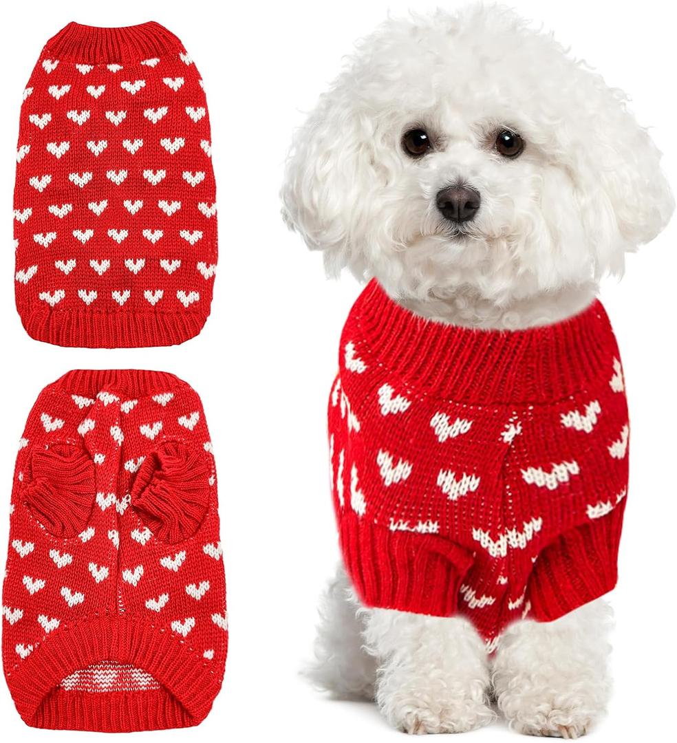 Heart Knit Pet Sweater, Warm Pullover Winter Clothes for Small and Medium Dogs Cats, Soft Puppy Outfit for Cold Weather, Christmas, Valentine's Day (Red, L (Fit 89 lbs, Chest 1314", Neck 1011"))