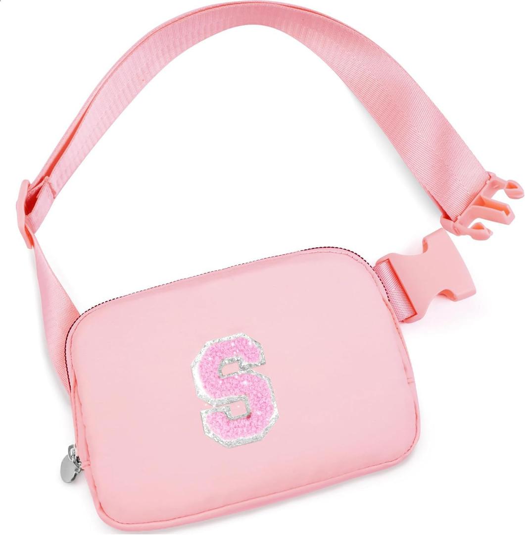Girls Belt Bag Fanny Pack for Kids Crossbody Bags with Initials Letter Patch Cute Stuff 10 Year Old Girl Birthday Gifts Trendy Stuff for Teens | Peach B