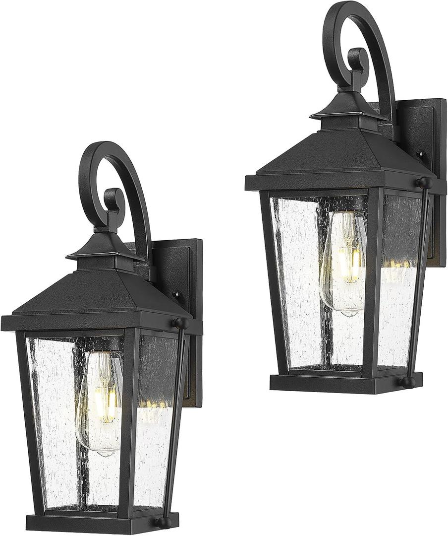zeyu 2 Pack Outdoor Wall Lights, 16 Inch Exterior Lighting Fixtures for Front Door, Die-Cast Aluminum in Black Finish, Waterproof Seeded Glass, ZW105B-2PK BK