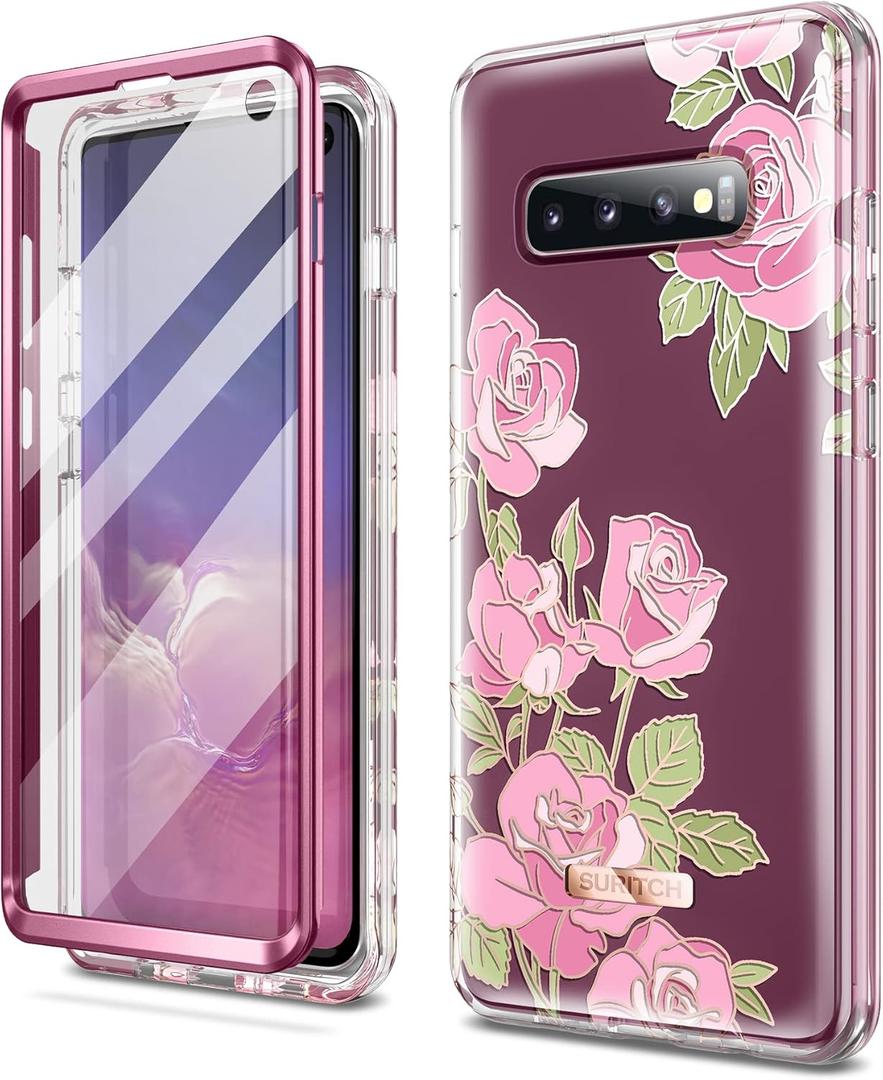 SURITCH for Upgraded Samsung Galaxy S10 Case, [Built-in Anti-Scratch Screen Protector] [Dual-Layer Protection] 360Full Protection Shockproof Protective Phone Case Fit Cover 6.1 Inch - Pink Rose