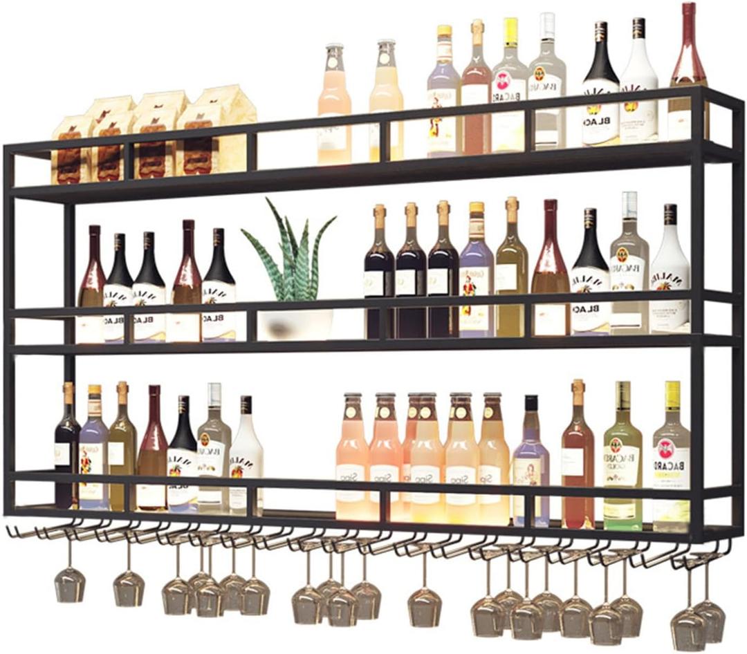 Large Heavy Duty 39in Wine Rack with LED Wall Mounted Bottle Glass Holder Under Shelf, 3-Tiers Liquor Floating Shelves Display Storage Organizer Hanging Long Stemware Goblet Metal for Home Bar (39"x 9.8"x 35", Black)