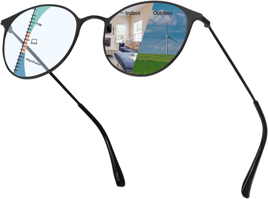 KISSOUL Multifocal Transition Photochromic Progressive Reading Glasses Men Women Blue Light Blocking Metal Multifocus Readers (Black, 1.5 x)