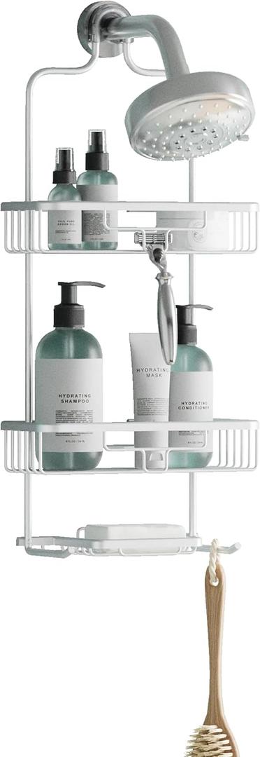 Zenna Home Rustproof Hanging Shower Caddy, Over the Shower Head Caddy with 2 Shelves and Built In Hooks, Aluminum Bathroom Hanging Organizer, Satin Chrome