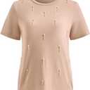 Women's Elegant Pearl Top Summer Crew Neck Short Sleeve Work Office T Shirts, Large