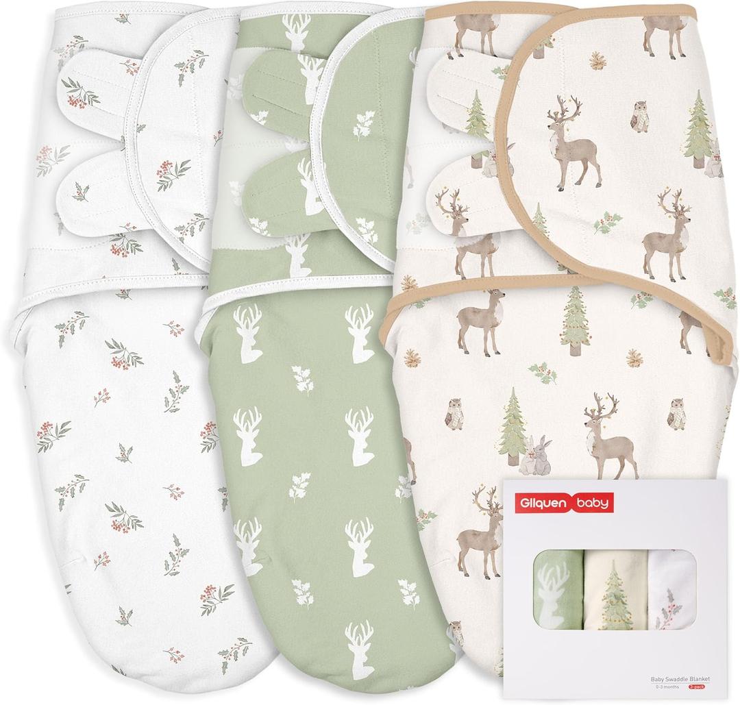 GLLQUEN BABY Girl Swaddles 0-3 Months - 3 Pack Baby Swaddles Sack for Newborn, Infant Sleep Sack, Easy Swaddling Wrap, Christmas Forest Carol, Nursery Swaddle Blankets Essentials