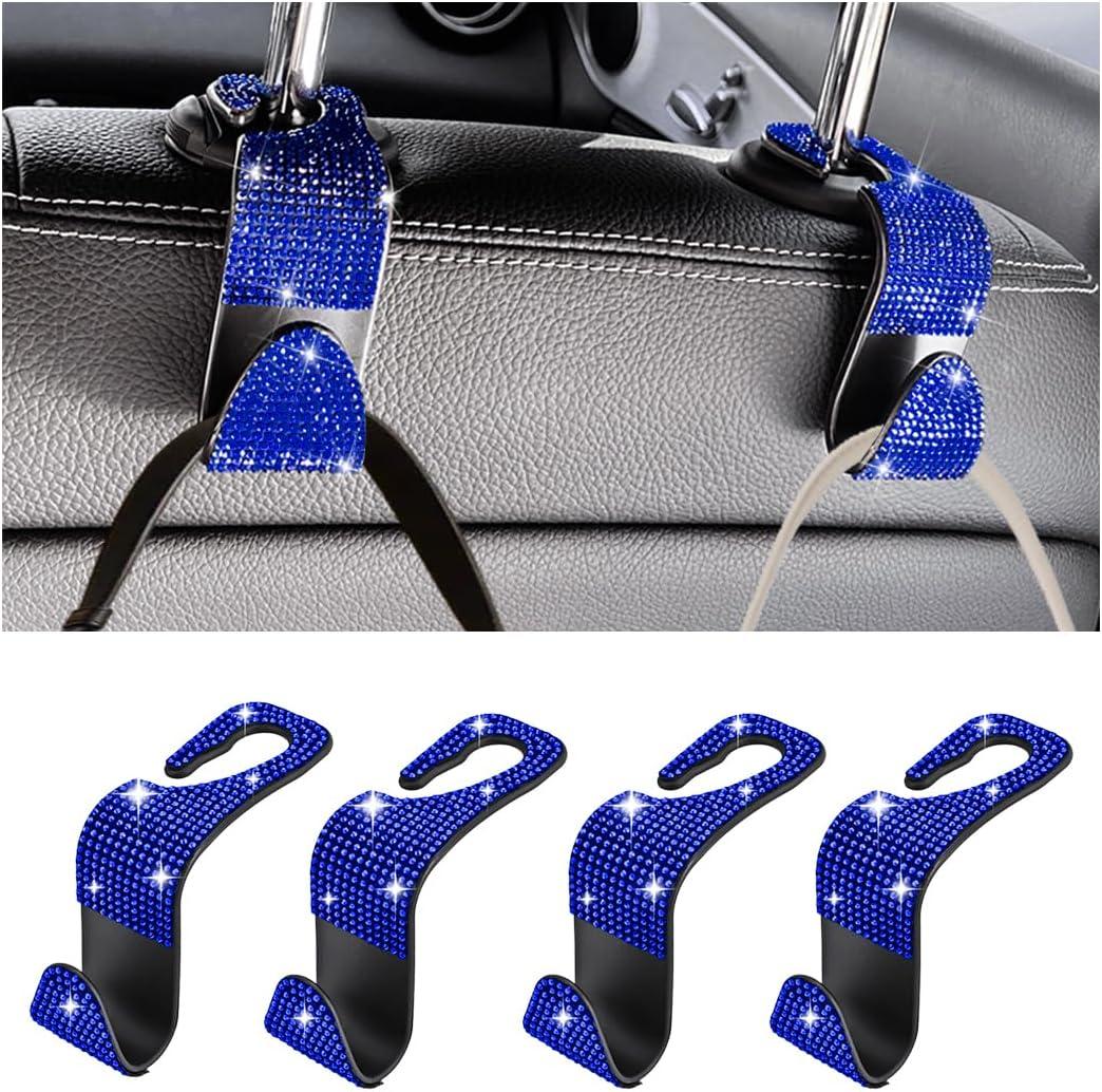 Bling Car Seat Headrest Hooks, 4PCS Crystal Rhinestone Vehicle Back Seat Hanger Holder for Handbags Purses Coats, Automotive Headrest Storage Organizer, Universal for RV SUV Truck (Blue)