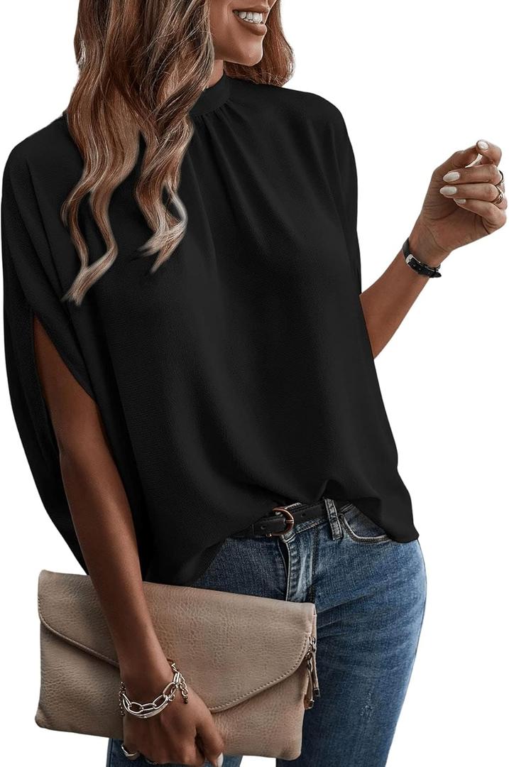 Verdusa Women's Tie Back Dolman Sleeve Blouse Top Casual Mock Neck Going Out Tops (X-Large, Black)