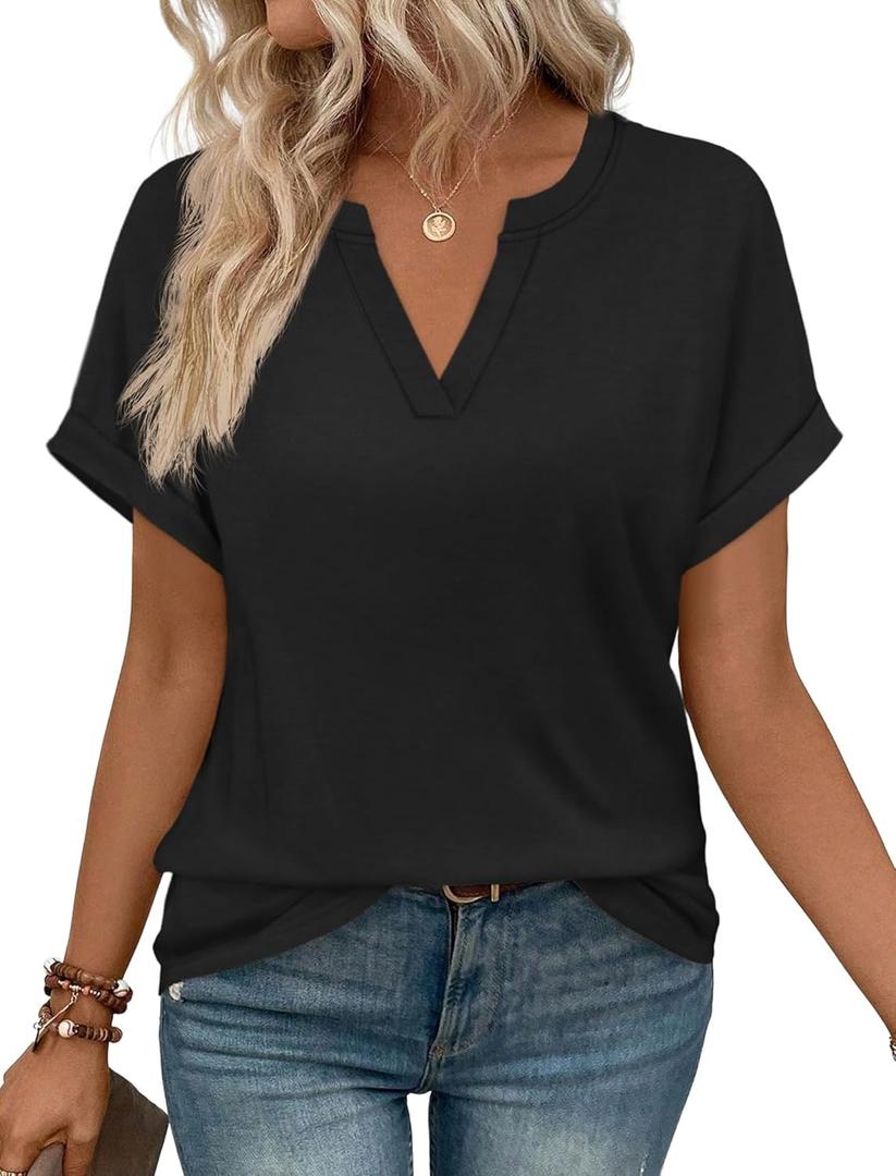 WIHOLL Womens Blouses Spring Tops Short Sleeve Shirts Dressy Casual Summer Vacation Fashion Clothing 2026 (Black, L)