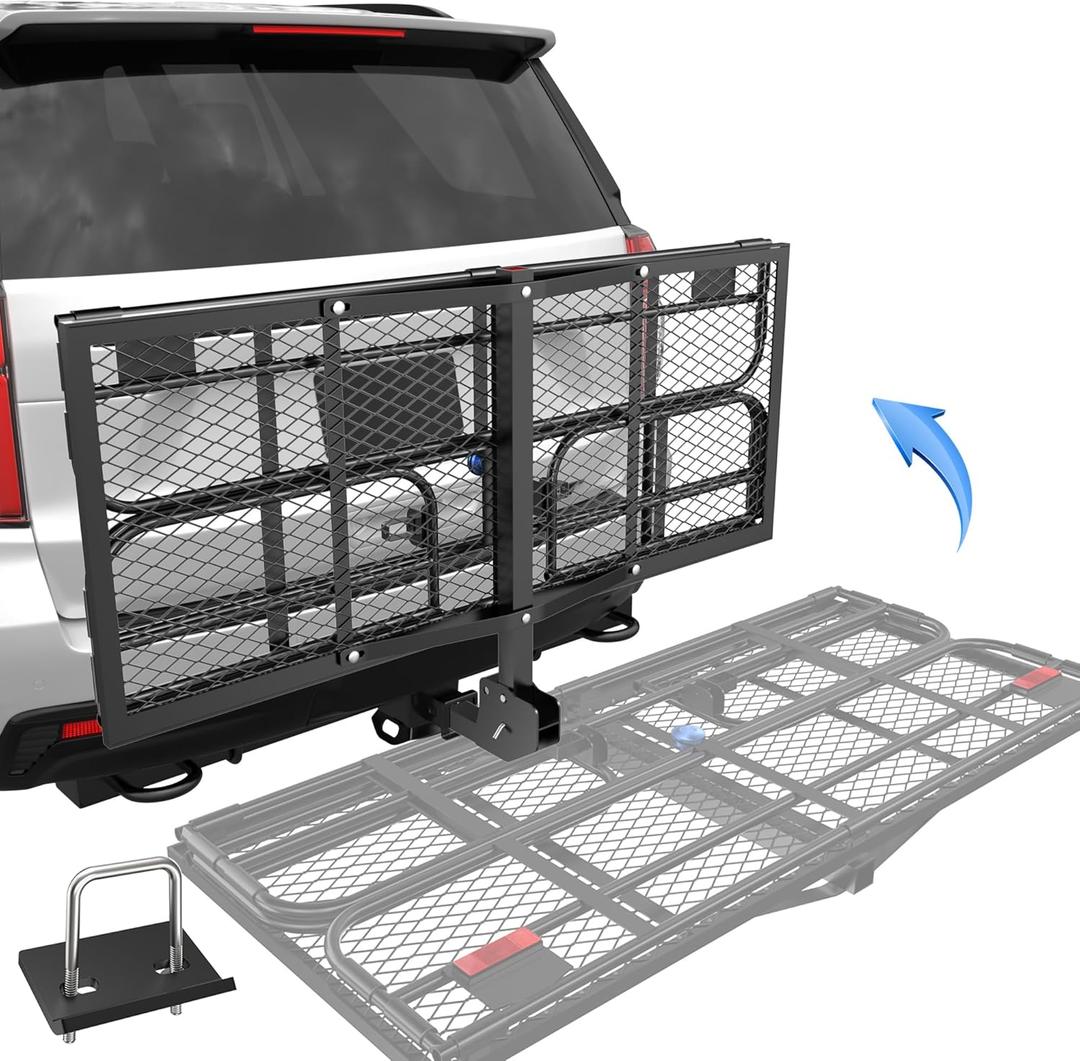 KUIPERAUTO 500 Lbs Folding Rack Hitch Mount Cargo Carrier, 2" Hitch Receiver, 60" x 24" x 14" Size,Bolt Lock Luggage Basket Heavy Duty Hitch Rear Trailer Cargo Rack Compatible for SUV Truck Pickup