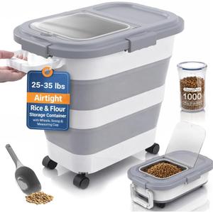 Home & Hearthly Collapsible Rice Storage Container 2535 lbs, Airtight, Space-Saving Food Storage Bin with Wheels and Measuring Cup, Easy-Pour Grain Dispenser for Rice, Flour and Pet Food