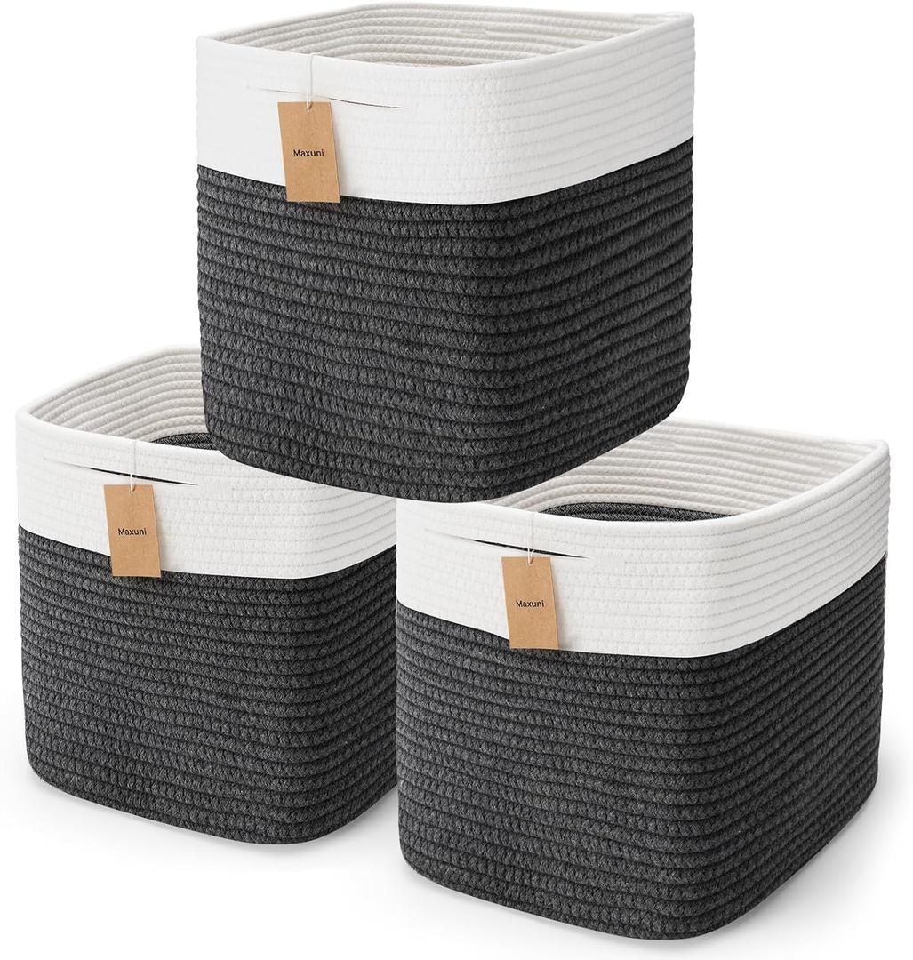 3Pack Cube Storage Bins, Square Storage Baskets for Christmas Decorative,Foldable Trunk organizer for Car,11 Inch Cotton Rope Woven Storage Basket for Organizing - Grey Baskets for Shelves,Camping (3PCS-White+Gray)
