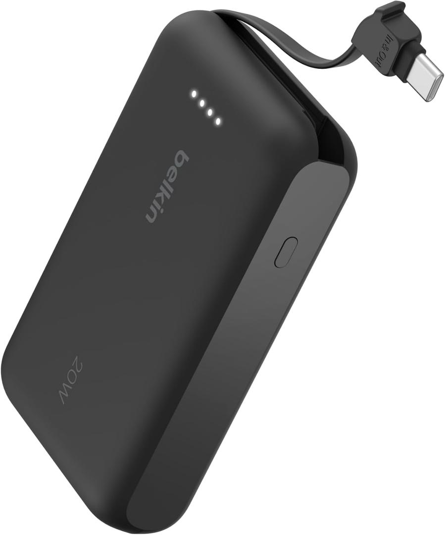 Belkin Portable Charger, Power Bank 10,000mAh with Integrated Cable - 20W Fast Charge USB-C Power Delivery, Portable iPhone Charger for iPhone 16 Series, iPad Pro, Galaxy S25, and More - Black