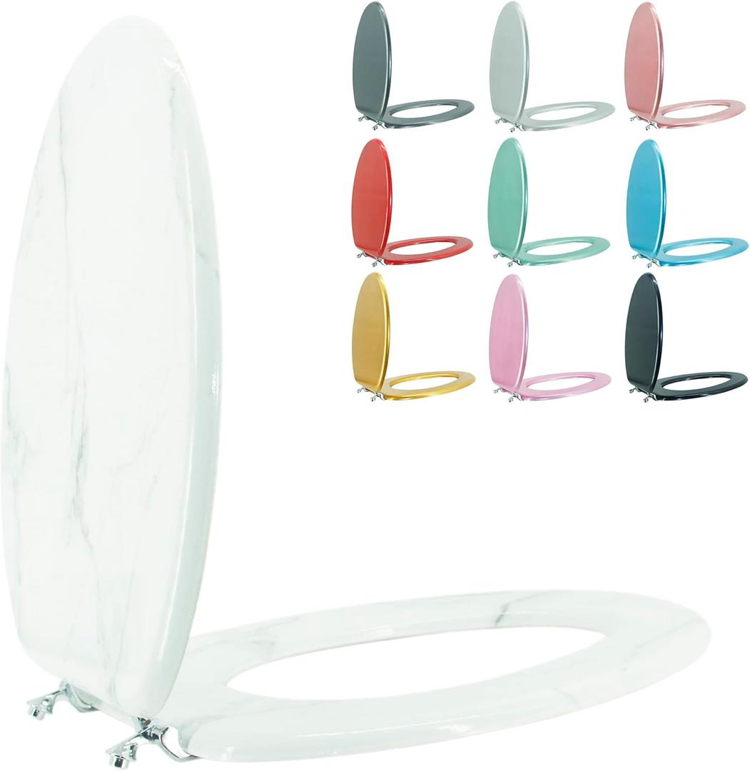 Elongated Toilet Seat Wood Toilet Seat Prevent Shifting with Zinc Alloy Hinges American Standard Size Toilet Seat Easy to Install also Easy to Clean(Elongated,Marble)