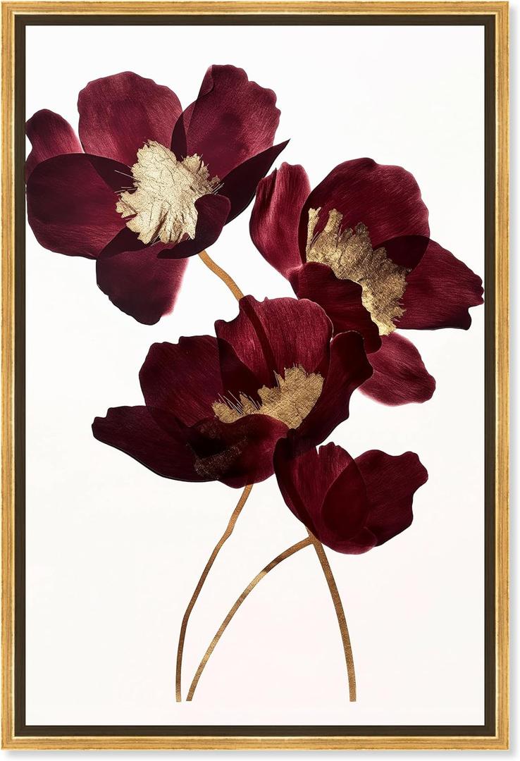 Wine Flowers Framed Floral Fine 1 Piece Canvas Wall Art, 11.5" x 16.5", Gold Frame (16.5L" x 11.5W")