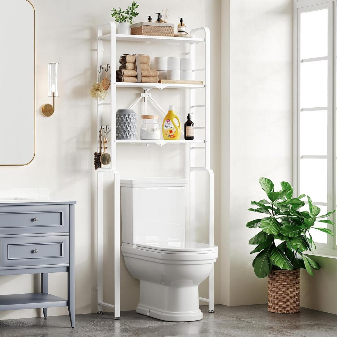 Over The Toilet Storage, 3-Tier Toilet Shelf with Anti-Tip Device, Behind Toilet Bathroom Organizer, Freestanding Space Saver with Folding Shelf, White (Cloud White)