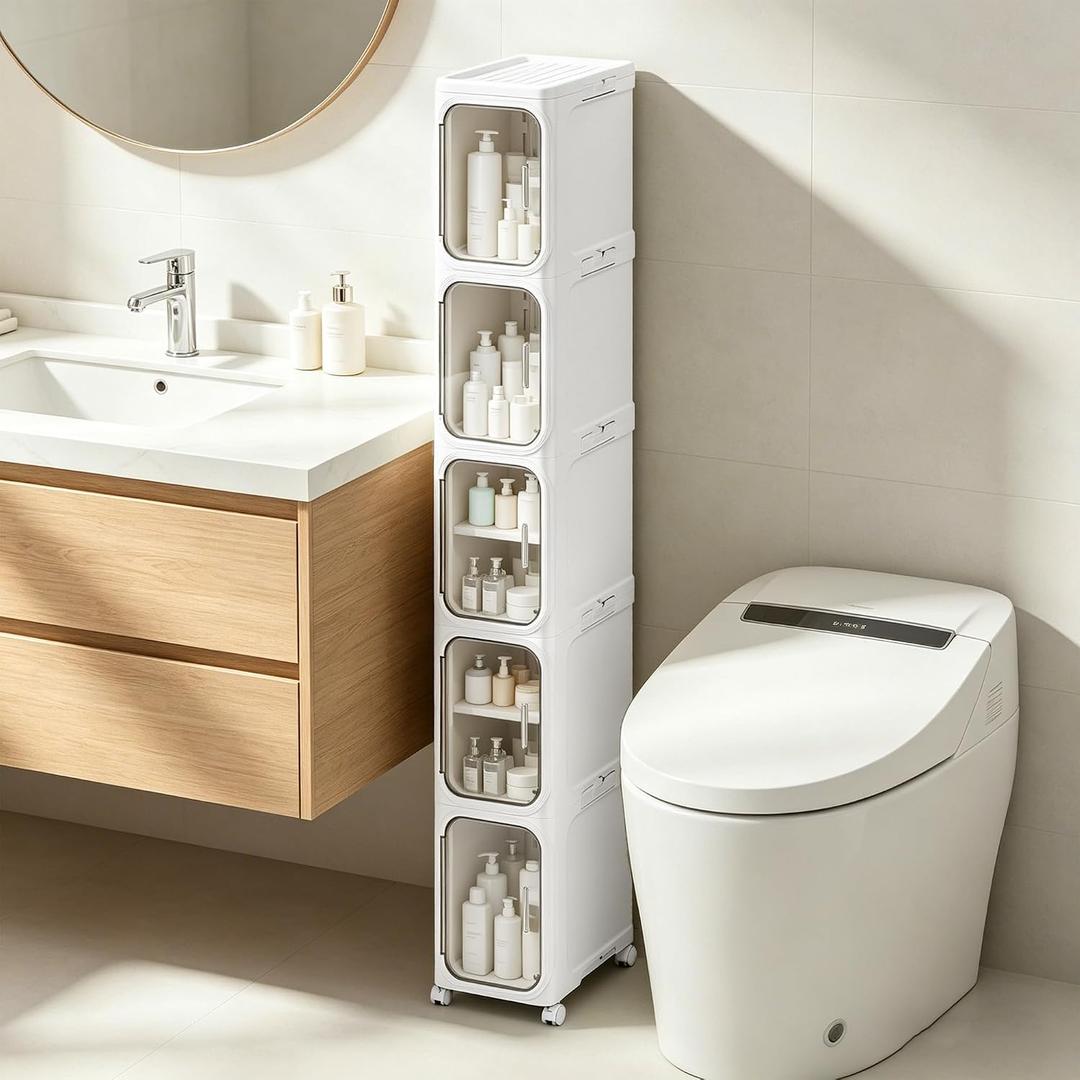 LXLXXL 5-Tier Narrow Storage Cabinet Slim Bathroom Storage Cabinet with Movable Wheels Tall Bathroom Organizer Skinny Cabinet for Small Spaces, White