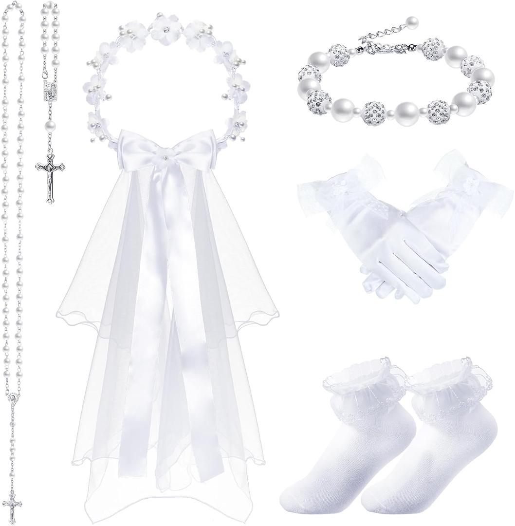 Funtery 6 Pcs First Communion Veil for Girls Set Catholic Vestido De Primera Comunin Nia 1st Holy Headpiece Wreath Veil Sock Necklace Bracelet