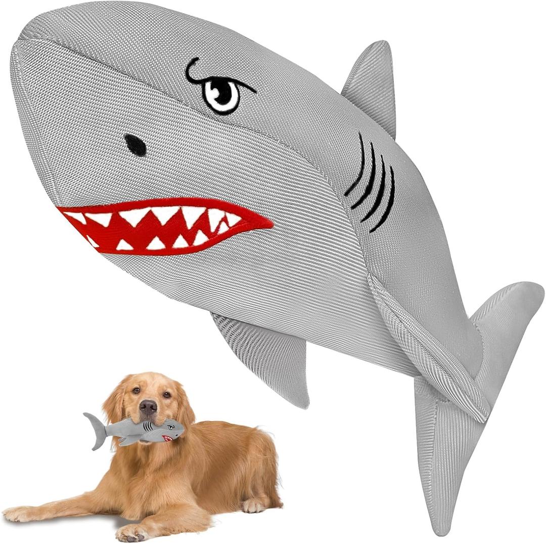 Tug of War Dog Toy for Large Dogs  Durable Shark Dog Toy with Crinkle & Hidden Ball  Tough Plush Chew Toy & Dog Birthday Gift for Aggressive Chewers (Charcoal Medium)