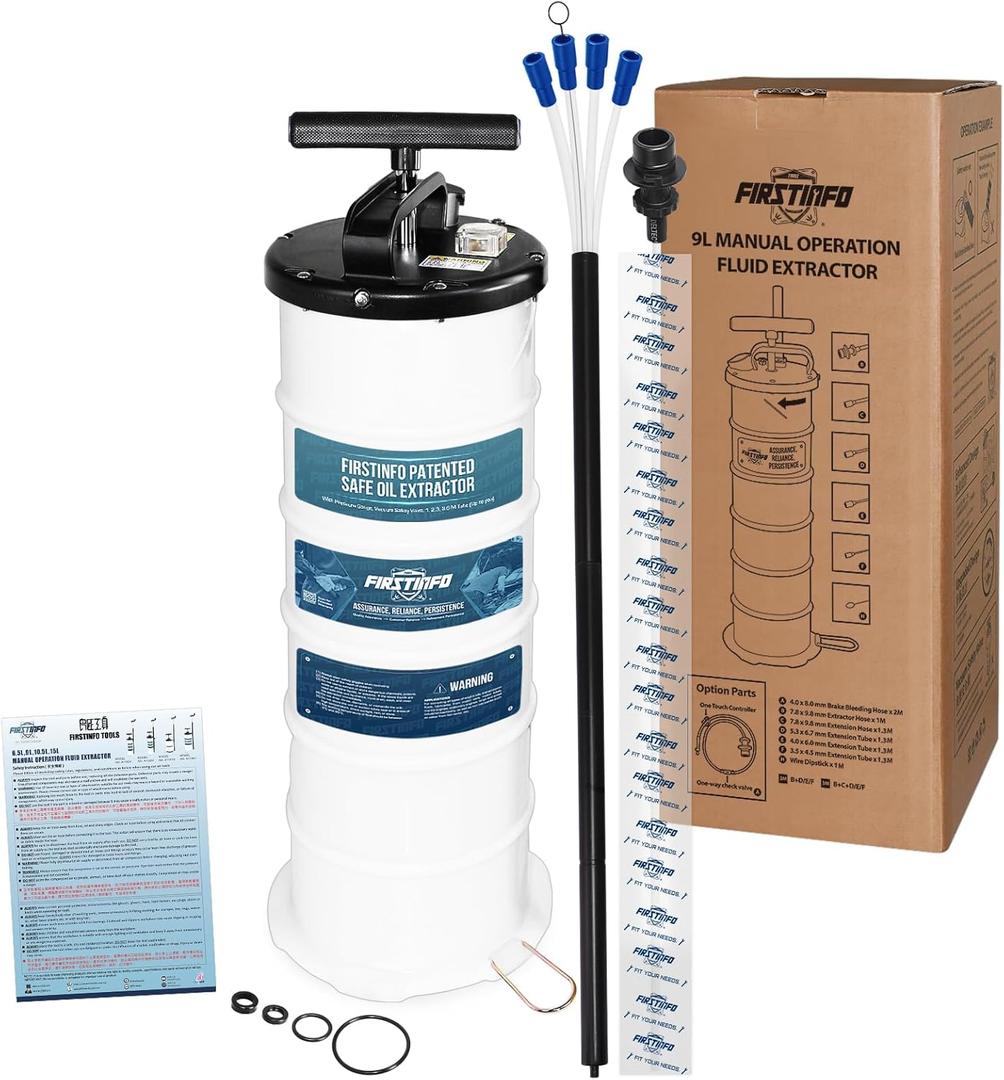 FIRSTINFO A1108H Patented Third Generation 9L Manual Oil Vacuum Extractor | Safety Pressure Gauge | 51 Inch Tube | 5 Tubes | Thinnest Tube | TAIWAN
