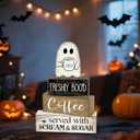 4 Pcs Halloween Table Decorations, Wooden Ghost Coffee Bar Decor, Fall Farmhouse Tiered Tray Signs, Rustic Boo Tabletop Centerpiece for Home Kitchen Office Shelf