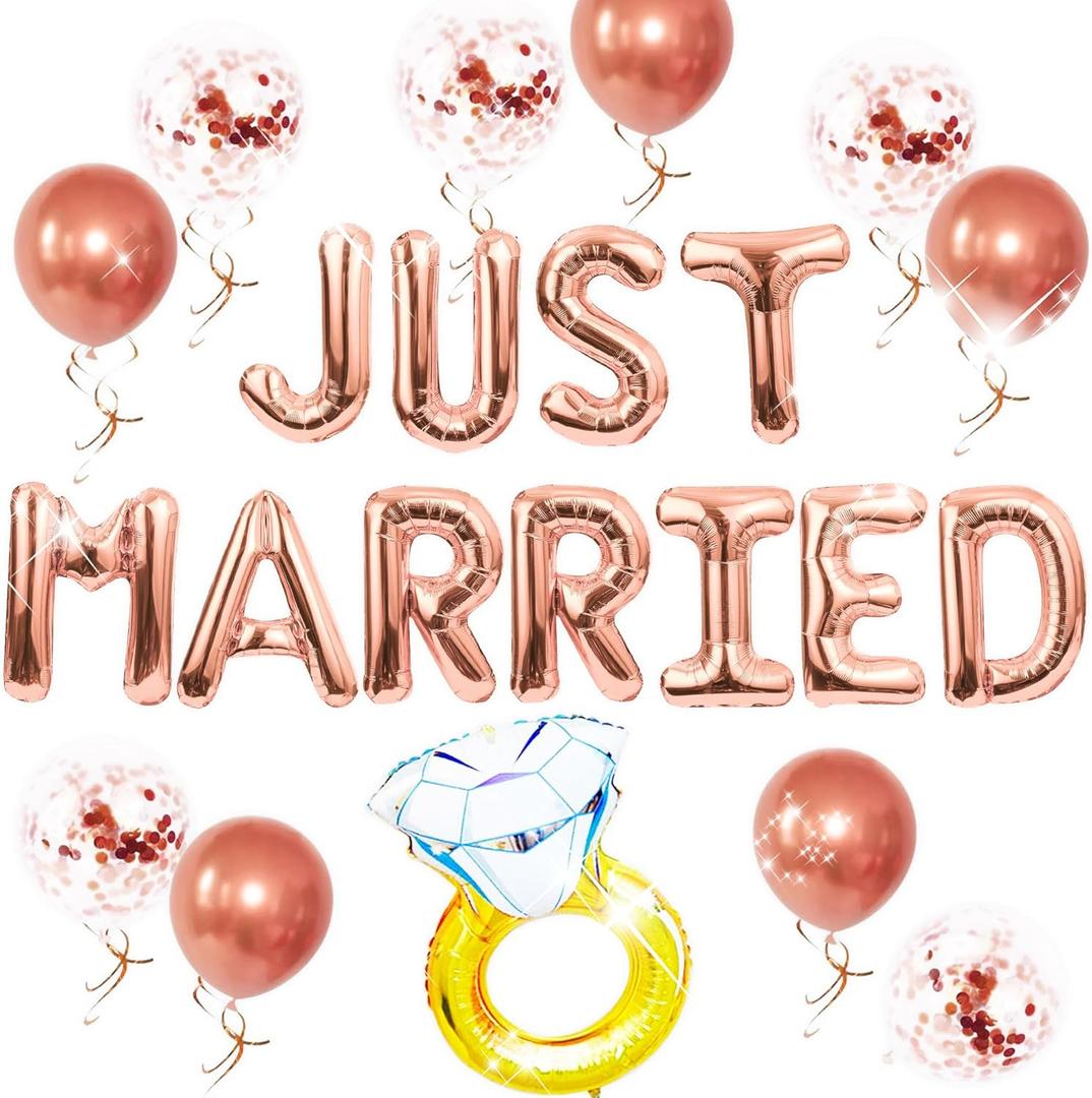 Rose Gold Just Married Balloons Banner Bridal Shower Decorations Diamond Ring Balloon for Women Married Car Bachelorette Wedding Party Decorations Photo Props