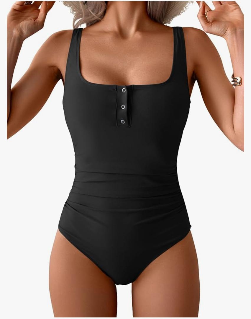 B2prity One Piece Swimsuit for Women Tummy Control Ruched Slimming Bathing Suit Button Full Coverage Swimwear M