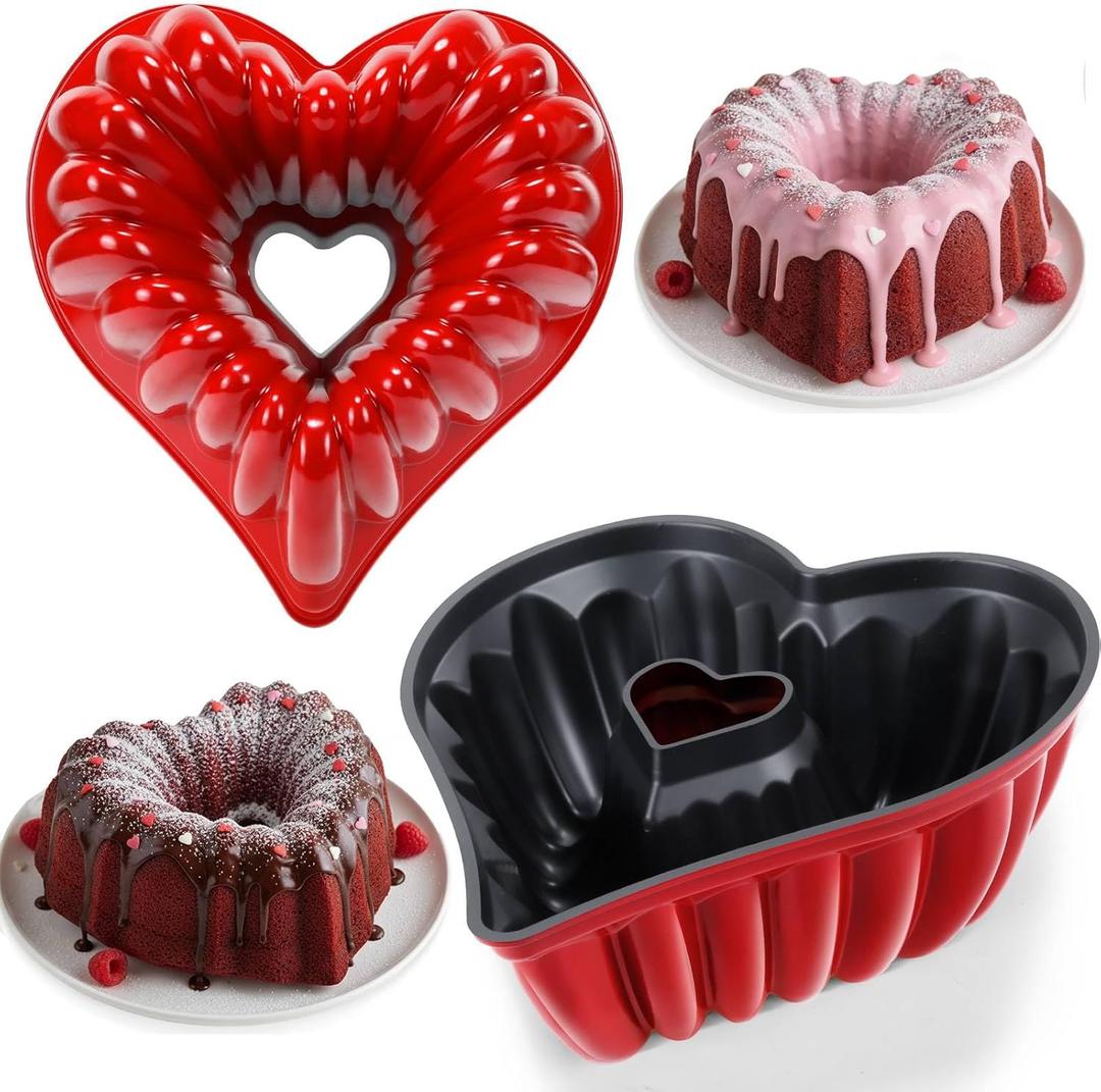 Layhit 2 Pcs Valentine 10 Inches Heart Shaped Fluted Cake Pan Aluminum Heart Cake Pan Non Stick Oven Baking Mold for Valentine Birthday Wedding Family Party Kitchen Accessories (Red)