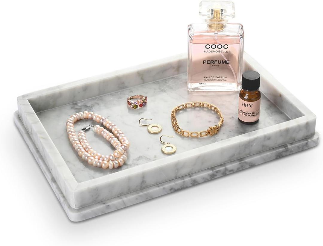 Large Natural Marble Bathroom Vanity Tray 12 inch, Carrara White Stone Jewelry Tray, Rectangle Sink Trays, Modern Tank Trays, Countertop Organizer for Soap Dispenser, Kitchen, Home Decor