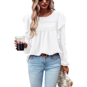 PRETTYGARDEN Women's Long Sleeve Shirts Ruffle Swiss Dot Crochet Loose Fit Tunic Dressy Casual Tops Blouses Spring Fashion (White, XS)