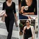 LUXVEER 3/4 Length Sleeve Womens Tops Lace Sexy V Neck Ribbed Knit Fitted T Shirts Dressy Casual Blouses Going Out Tops (Black, M)