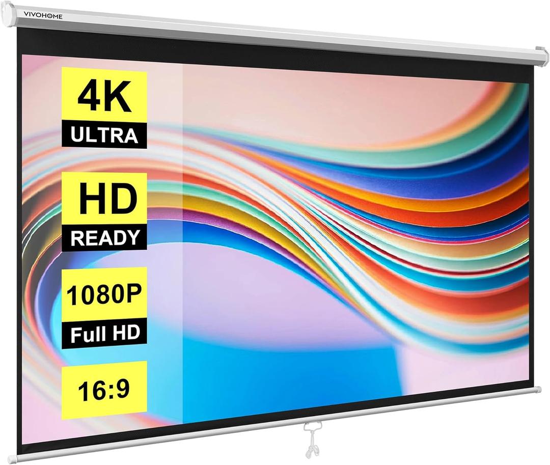 VIVOHOME Projector Screen Pull Down, 16:9 100 Inch Retractable Projection Screen, HD 4K Manual Pull Movie Screen for Home Theater, Cinema, Office (87x49 Inch White)