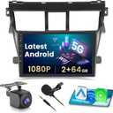 Hikity [2+64G] Android 15 Car Stereo for Toyota Yaris Vios 2007 2008 2009 2010 2011 2012, 9'' Touchscreen Car Radio with Wireless CarPlay Android Auto GPS Mirror Link WiFi BT SWC FM/RDS Backup Cam