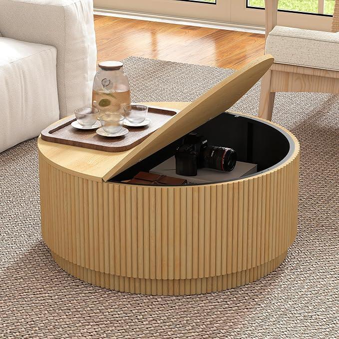 LEVNARY 31.5" Round Coffee Table with Storage, Boho Coffee Tables with Fluted Base, Wooden Circle Accent Center Table for Living Room Small Space Apartment Office (Natural)
