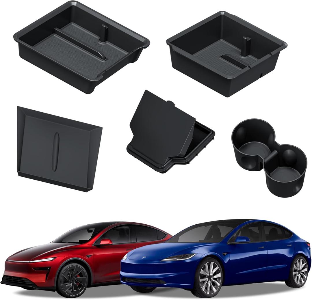 Carwiner 5PCS Center Console Organizer Compatible with 2025-2026 New Tesla Model Y Juniper/2024-2026 Tesla Model 3 Highland Accessories, Hidden Storage Box, Cup Holder with Charger Area Silicone Mat