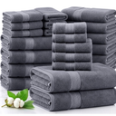 LANE LINEN 100% Cotton Bath Towels Set - 24 PCs - Durable, Quick Dry, Super Soft & Highly Absorbent - 4 Bath, 4 Fingertip, 6 Hand Towels, 8 Washcloths, 2 Bath Sheets - Perfect Family Set - Cool Grey