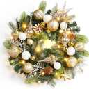 Garvee Christmas Wreath with Lights for Front Door, 24in Large Outdoor Christmas Wreaths, Battery Operated Prelit Xmas Wreath with Gold White Ball Ornaments for Fireplace Window Wall Decor