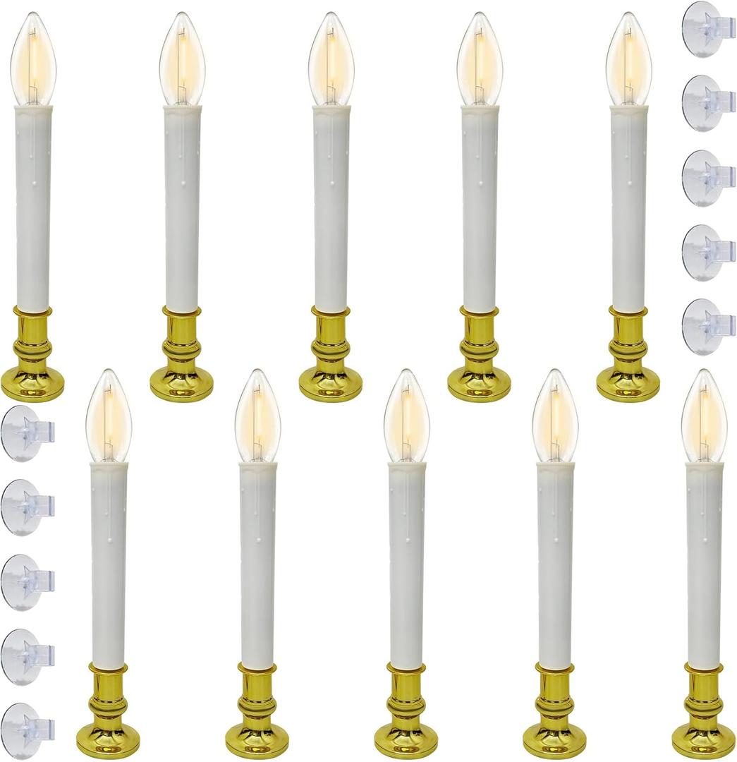 10 Pack Battery Operated Christmas Window Candles Lights, Flameless Christmas Electric Window Candlestick with Timer, Gold Holders LED Candle Light for Indoor Party Table Xmas Window Christmas Decor (C26-4.5CM Base)