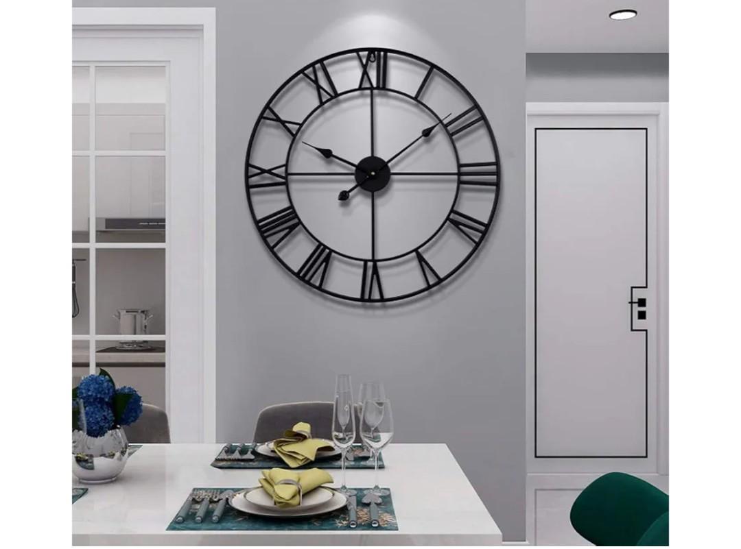 LEIKE Large Wall Clock, 24" Completely Silent, Non Ticking, Battery-Operated,Rustic Round Modern Metal Wall Clock Decor for Living Room, Bedroom and Kitchen, (60cm, Black-Roman Number)