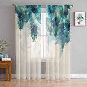 Ombre Green Blue Sheer Curtains 72 Inches Long, Abstract Peacock Feather Curtain Sheer for Living Room Decor, Rod Pocket Window Art Painting Voile Curtain Drapes for Bedroom 2 Panel